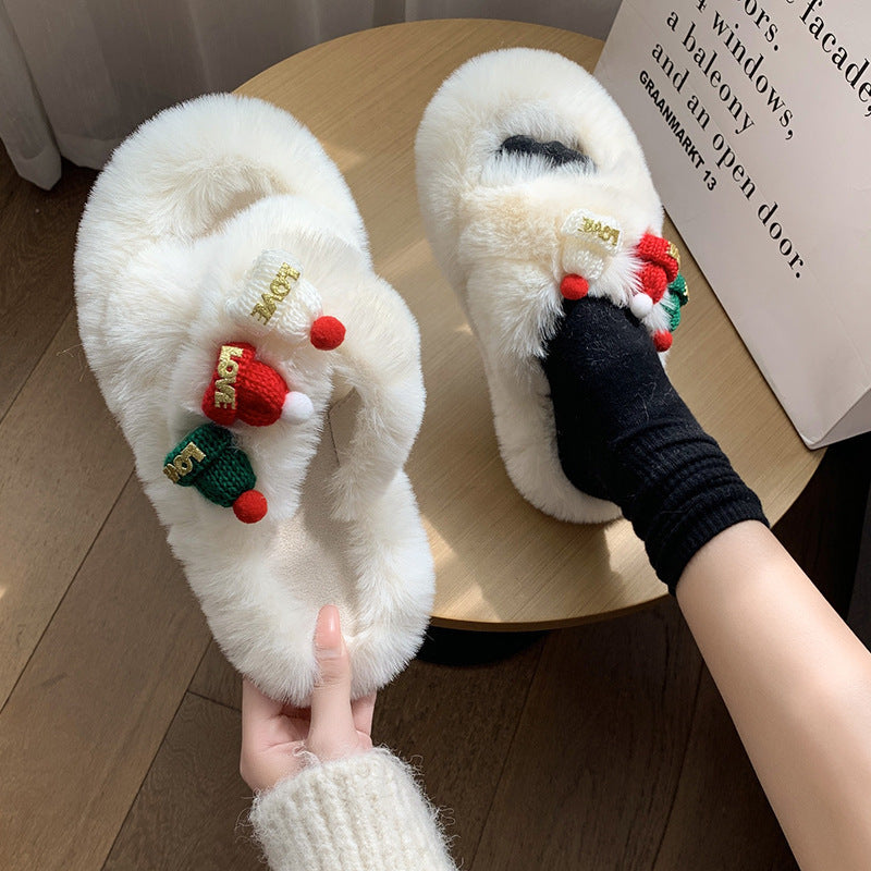 Women's Christmas Fluffy Warm Toe Covering Cotton Slippers