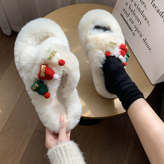 Women's Christmas Fluffy Warm Toe Covering Cotton Slippers