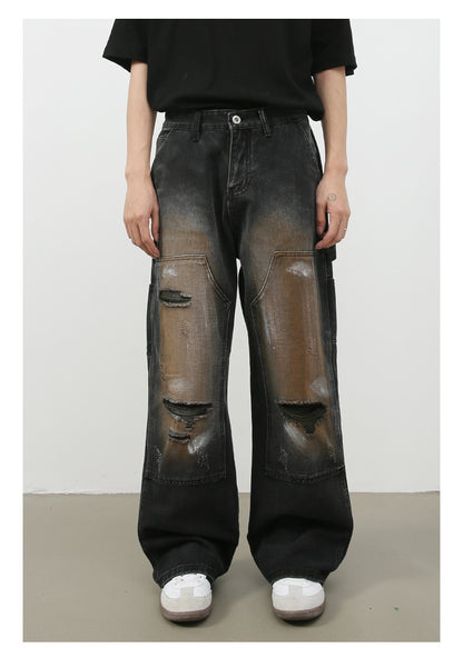 Retro Loose Hole Straight-leg Jeans Trousers