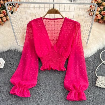 V-neck Cross Slim Fit Polka Dot Chiffon Shirt Western Style Waist-slimming Short