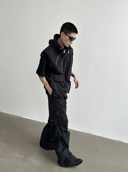 Men's Hooded Sleeveless Vest / Wide Leg Trousers Overall Suit