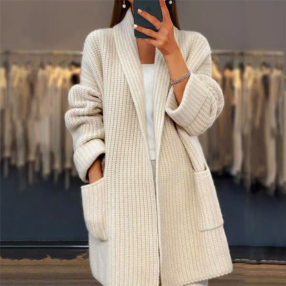 Women's Lapel Knitted Cardigan With Pockets Loose Sweater Jacket, Fall Spring