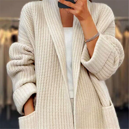 Women's Lapel Knitted Cardigan With Pockets Loose Sweater Jacket, Fall Spring