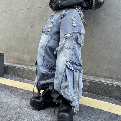 Men's Heavy Industry Multi-pocket Ripped Ribbon Straight Jeans