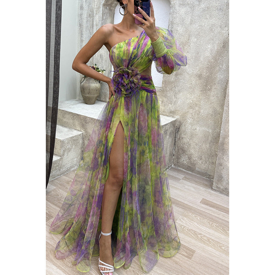 Women's Mesh Tie-dye Printed Off-shoulder Slit Cloth