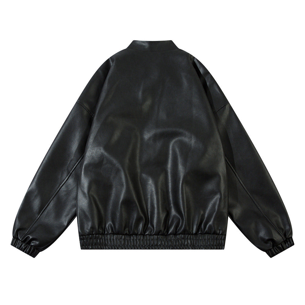 Men's Gothic Letter Affixed Embroidered Leather Jacket