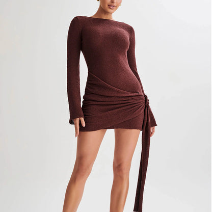 Women's Long-sleeved Sexy  V-shaped Backless Short Dress