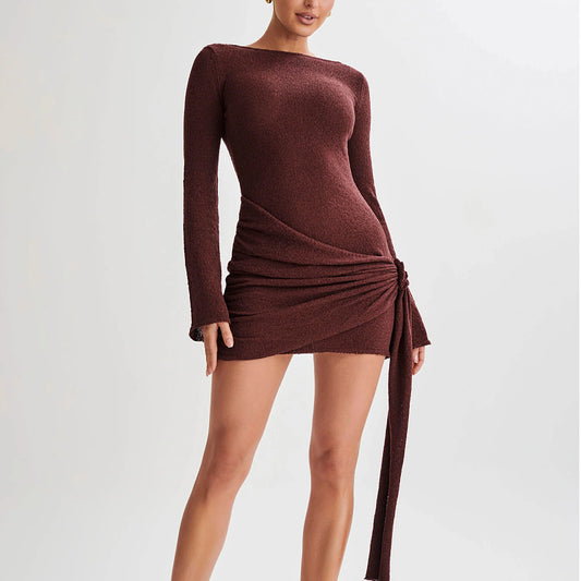 Women's Long-sleeved Sexy  V-shaped Backless Short Dress
