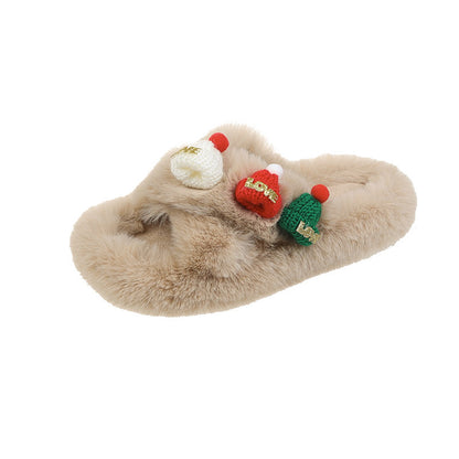 Women's Christmas Fluffy Warm Toe Covering Cotton Slippers
