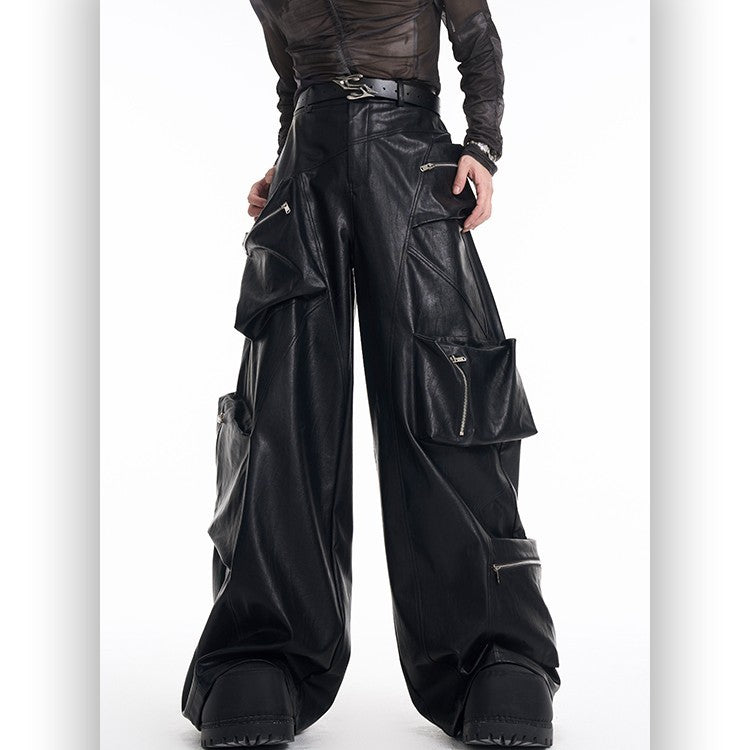 Multi-pocket Heavy Black Leather Pants