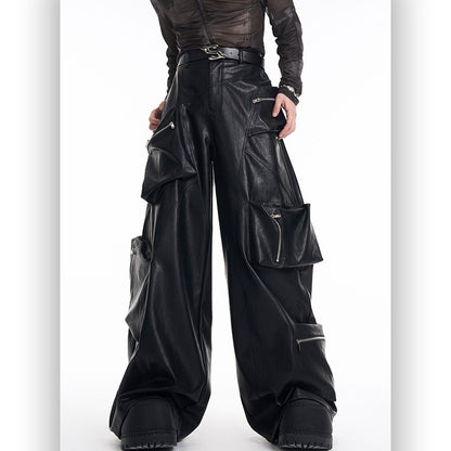 Multi-pocket Heavy Black Leather Pants