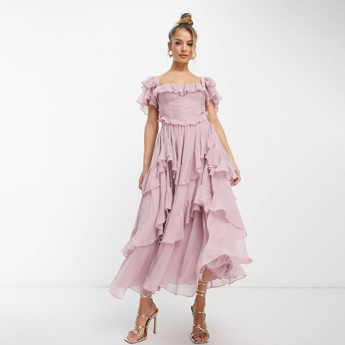 Arine Ruffled Short-sleeved Backless Square Neck Long Dress
