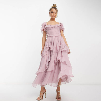 Arine Ruffled Short-sleeved Backless Square Neck Long Dress