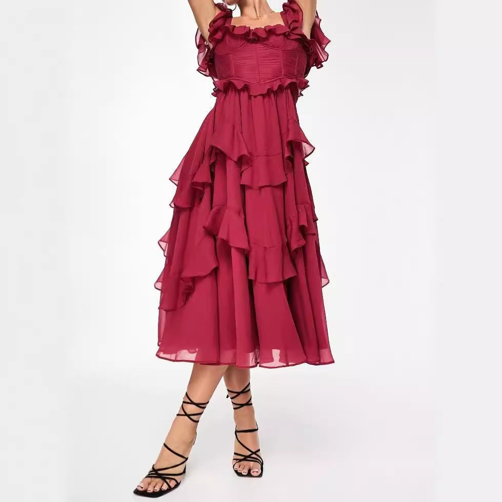 Arine Ruffled Short-sleeved Backless Square Neck Long Dress