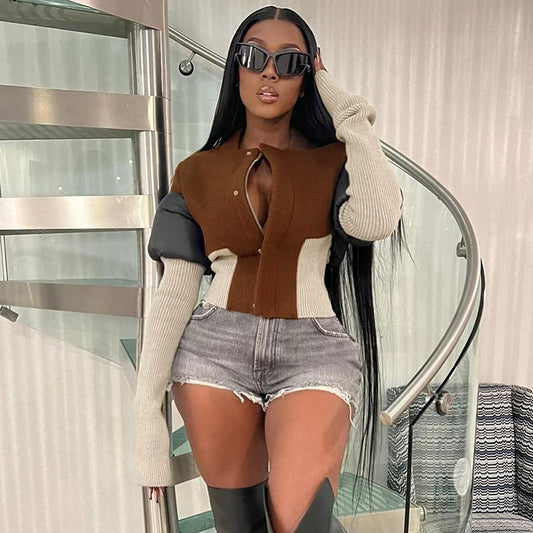 Contrast Color Stand-up Collar  Cardigan