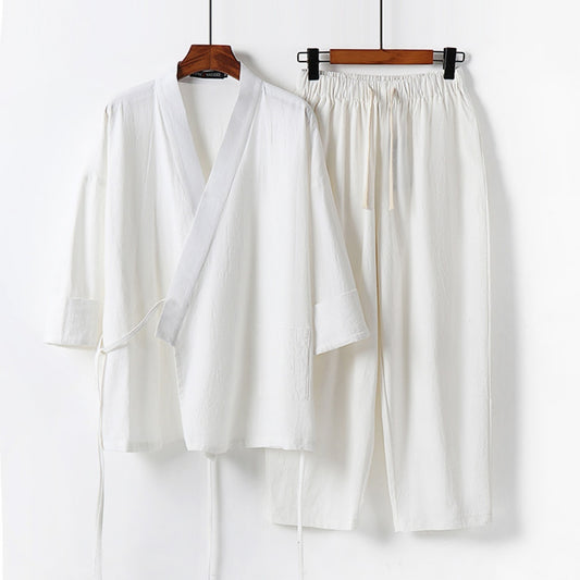 Men's Hanfu Trendy Cotton And Linen Two-piece Suit Cardigan