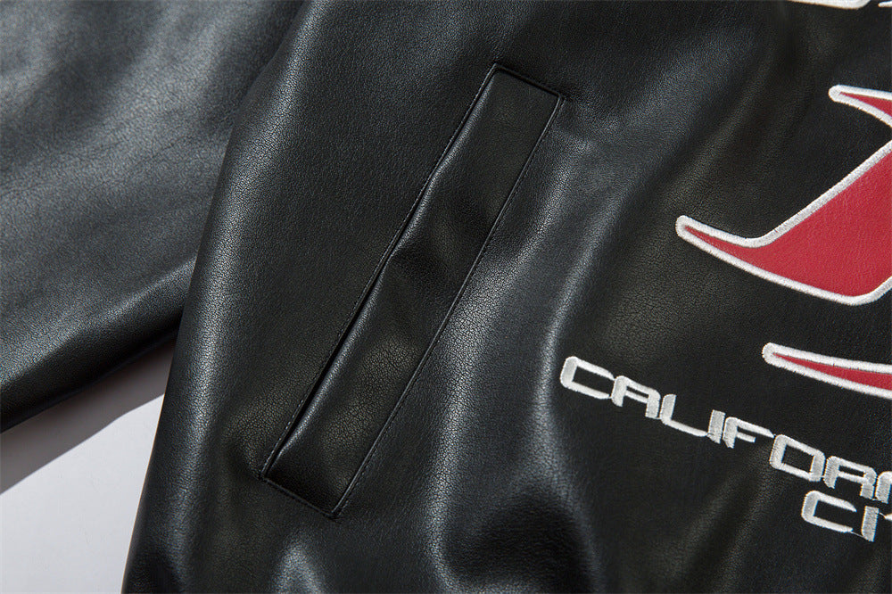 Men's Gothic Letter Affixed Embroidered Leather Jacket