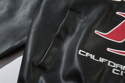 Men's Gothic Letter Affixed Embroidered Leather Jacket