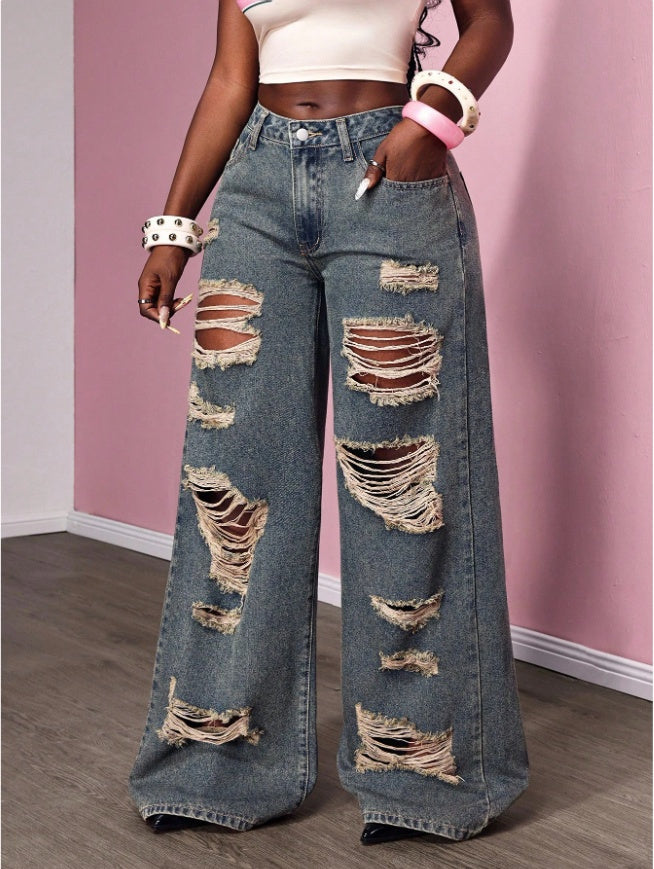 Women's Retro Distressed Wide-leg Jeans