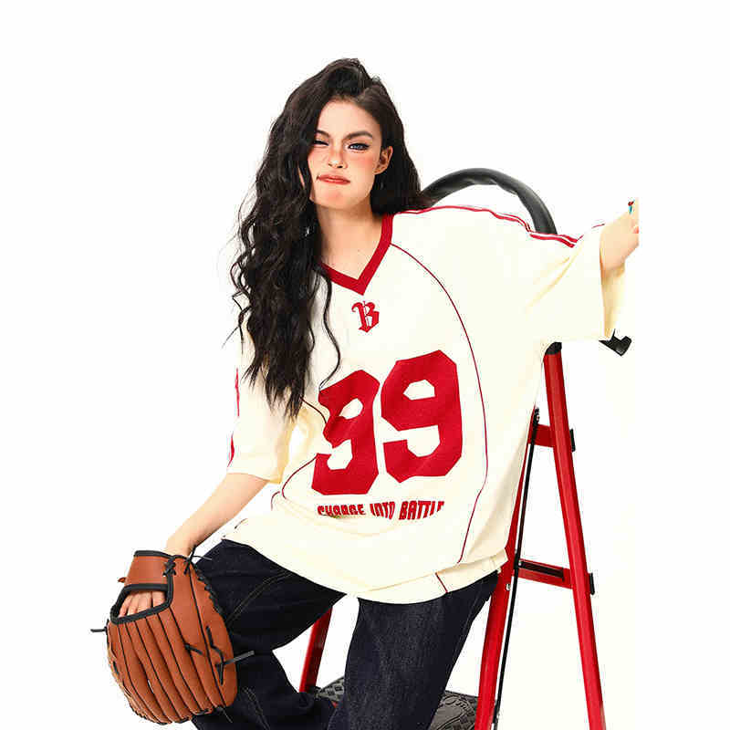 Retro V-neck Jersey Sports Short Sleeve T-shirt