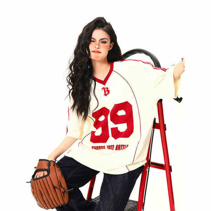 Retro V-neck Jersey Sports Short Sleeve T-shirt