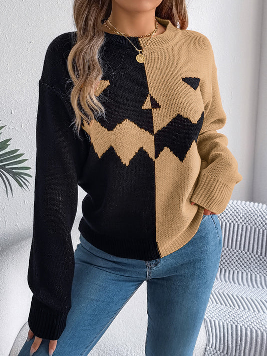 Halloween Knitted Contrast-color Long Sleeve Sweater