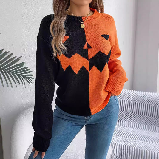 Halloween Knitted Contrast-color Long Sleeve Sweater