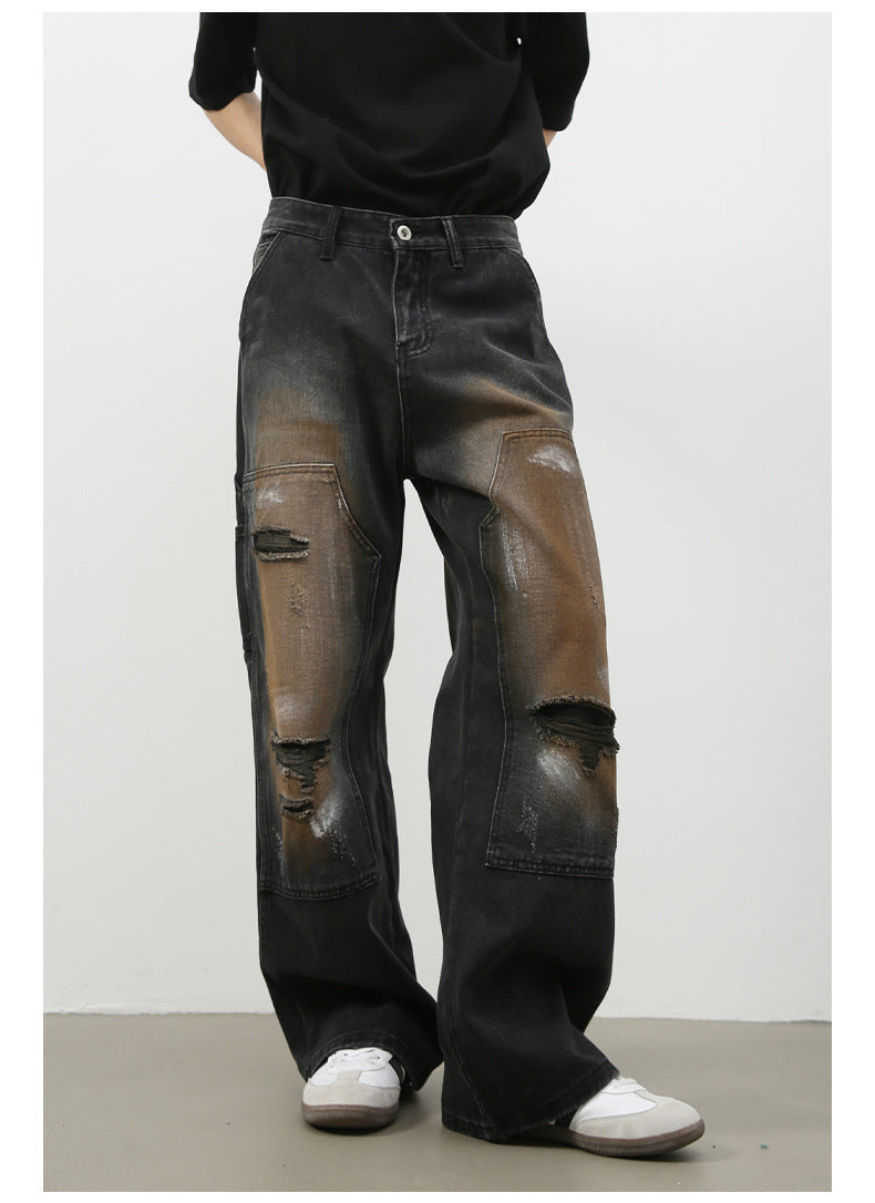 Retro Loose Hole Straight-leg Jeans Trousers