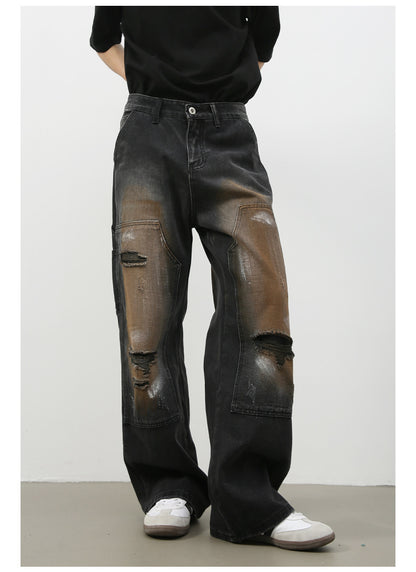 Retro Loose Hole Straight-leg Jeans Trousers