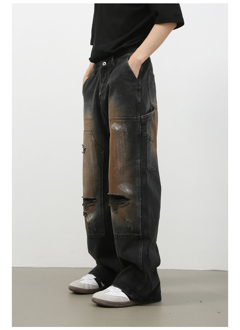 Retro Loose Hole Straight-leg Jeans Trousers